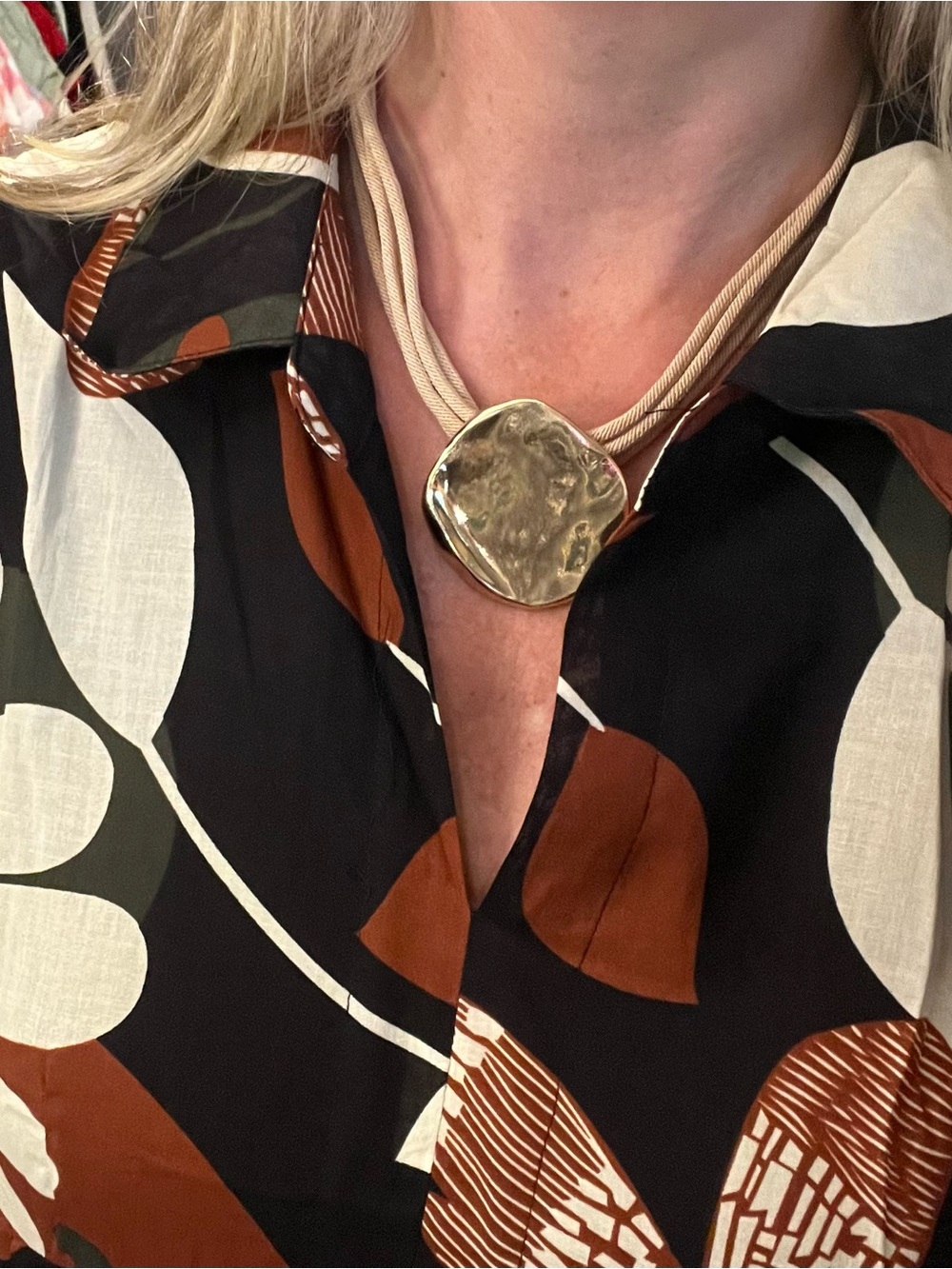 Statement Hammered Disc Pendant Necklace in Gold and Cream